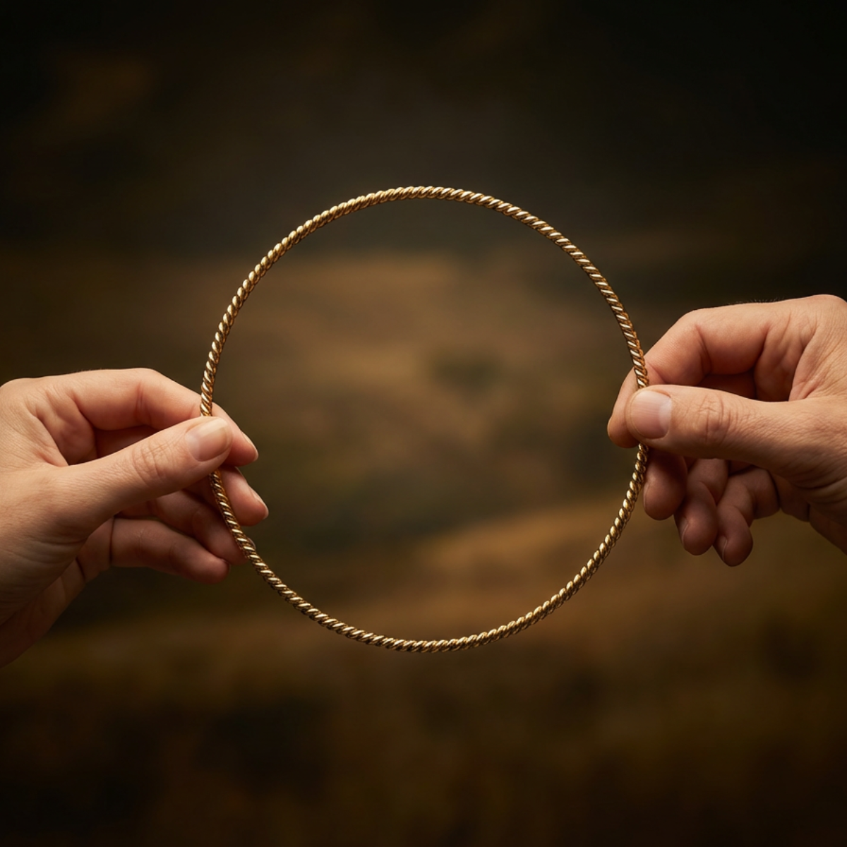 Ein goldener Tensorring wird in einer männlichen und weiblichen Hand gehalten. Variante vergoldet 3mm