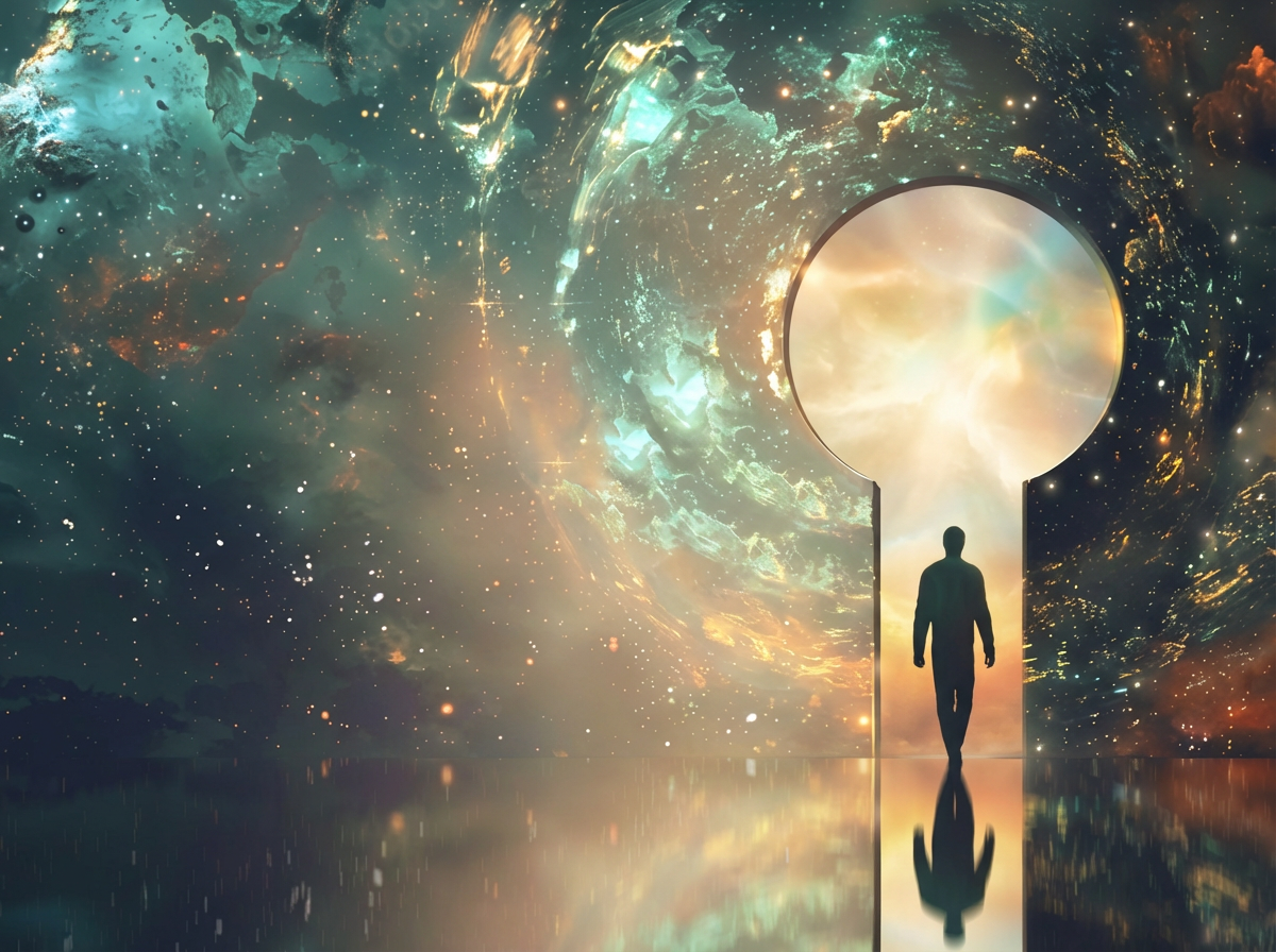 Person läuft durch ein kosmisches Schlüsselloch auf dem Weg zu seinem Bewusstsein