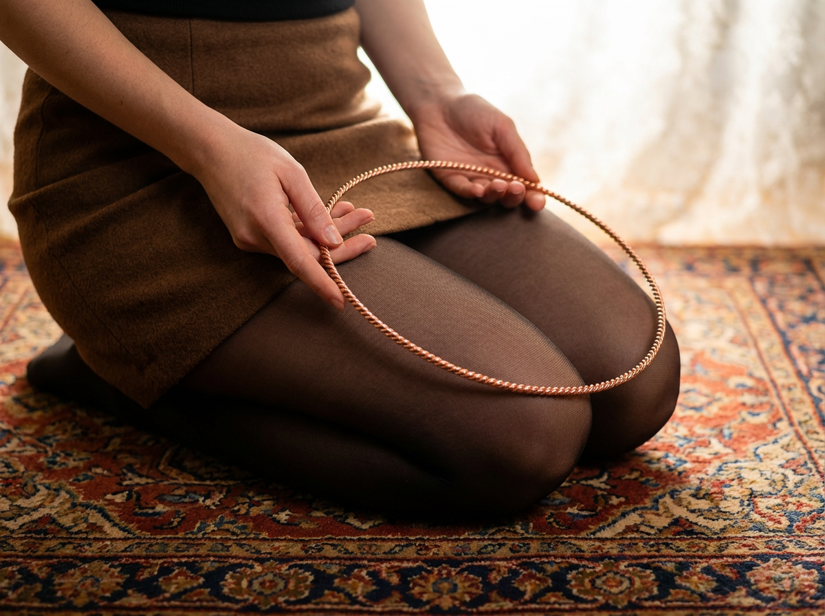Frau präsentiert Kupfer Empowerment Cubit Tensorring Classic (3mm) auf Teppich. Produktfoto