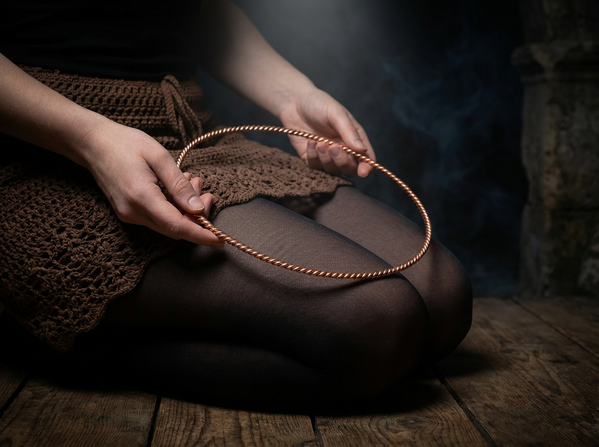 Frau präsentiert Kupfer Lost Cubit Tensorring Classic (3mm) auf Teppich. Produktfoto