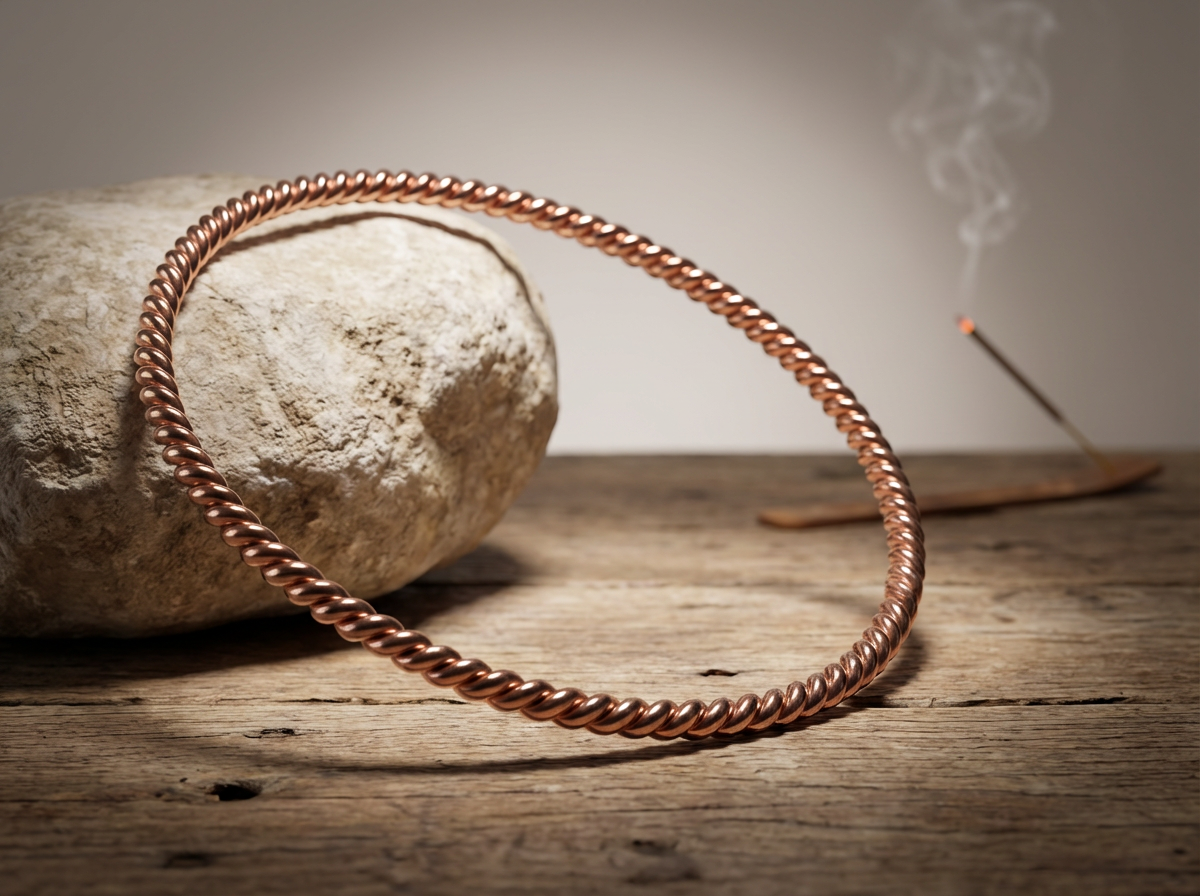 Kupfer Sacred Cubit Heavy Tensorring (4mm) lehnt an hellen Stein auf Holz. Produktfoto