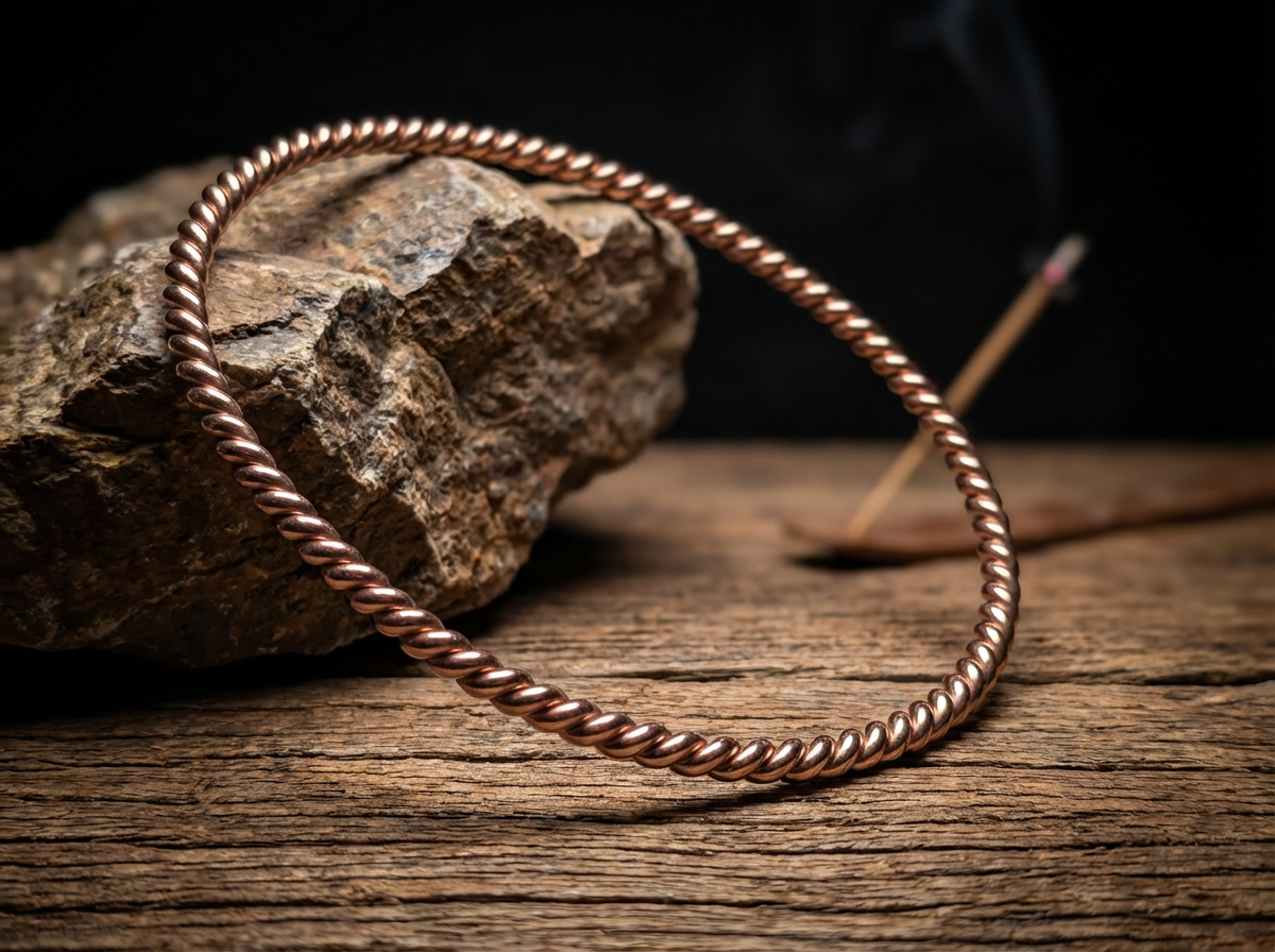 Kupfer Lost Cubit Tensorring Classic (3mm) lehnt auf einem Stein. Produktfoto