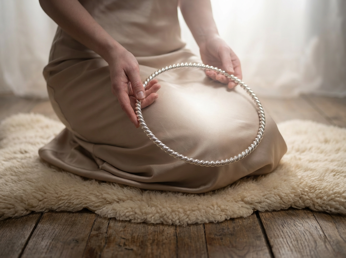 versilberter Kupfer Sacred Cubit Tensorring Heavy (4mm). Produktfoto, in der Hand 