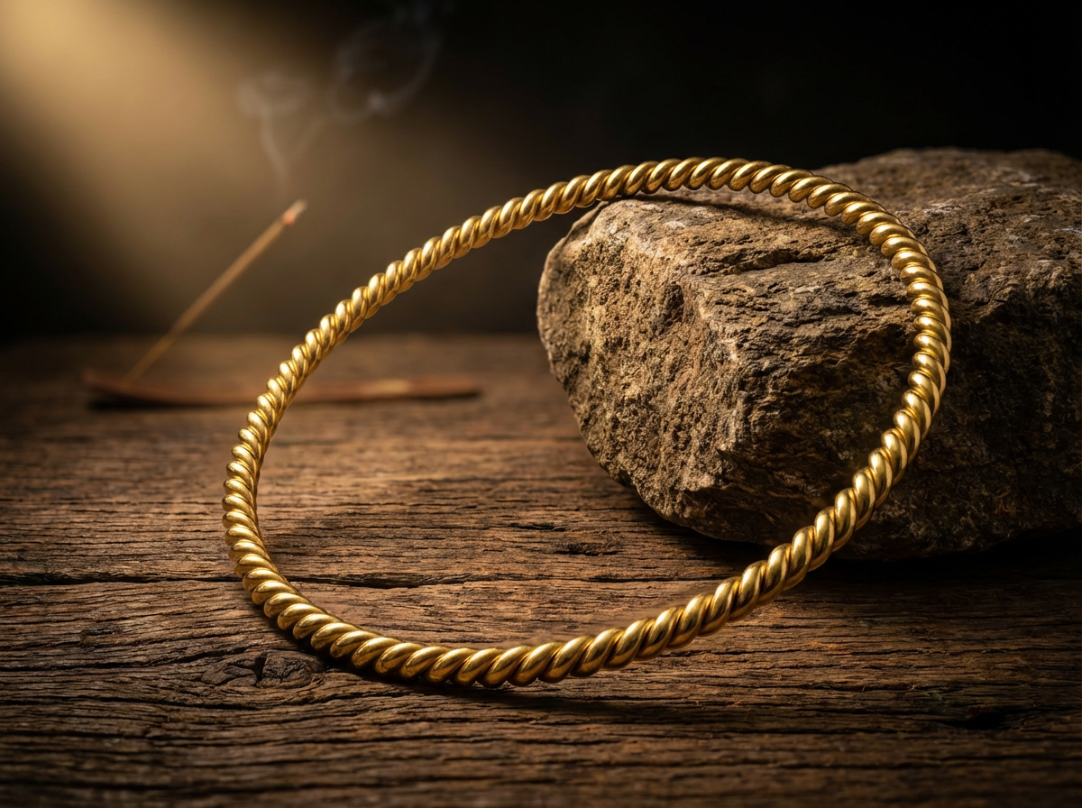 vergoldet 24 Karat Lost Cubit Kupfer Tensorring lehnt an dunklen Stein auf Holz (4mm). Produktfoto 