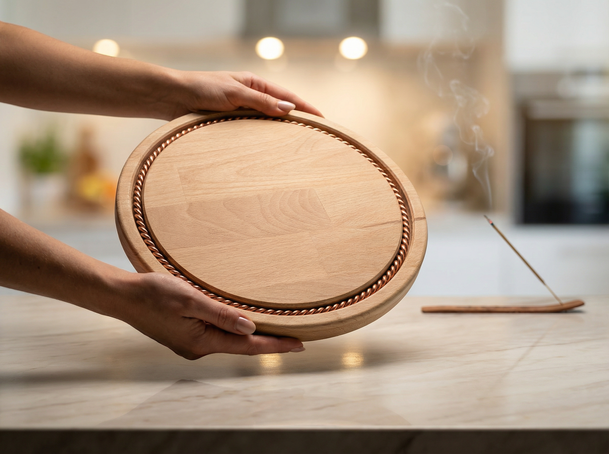 BIGWOOD Tensorblock 1.5 – rundes Holz-Schneidebrett/Servierbrett mit eingelegtem Kupfer-Tensorring