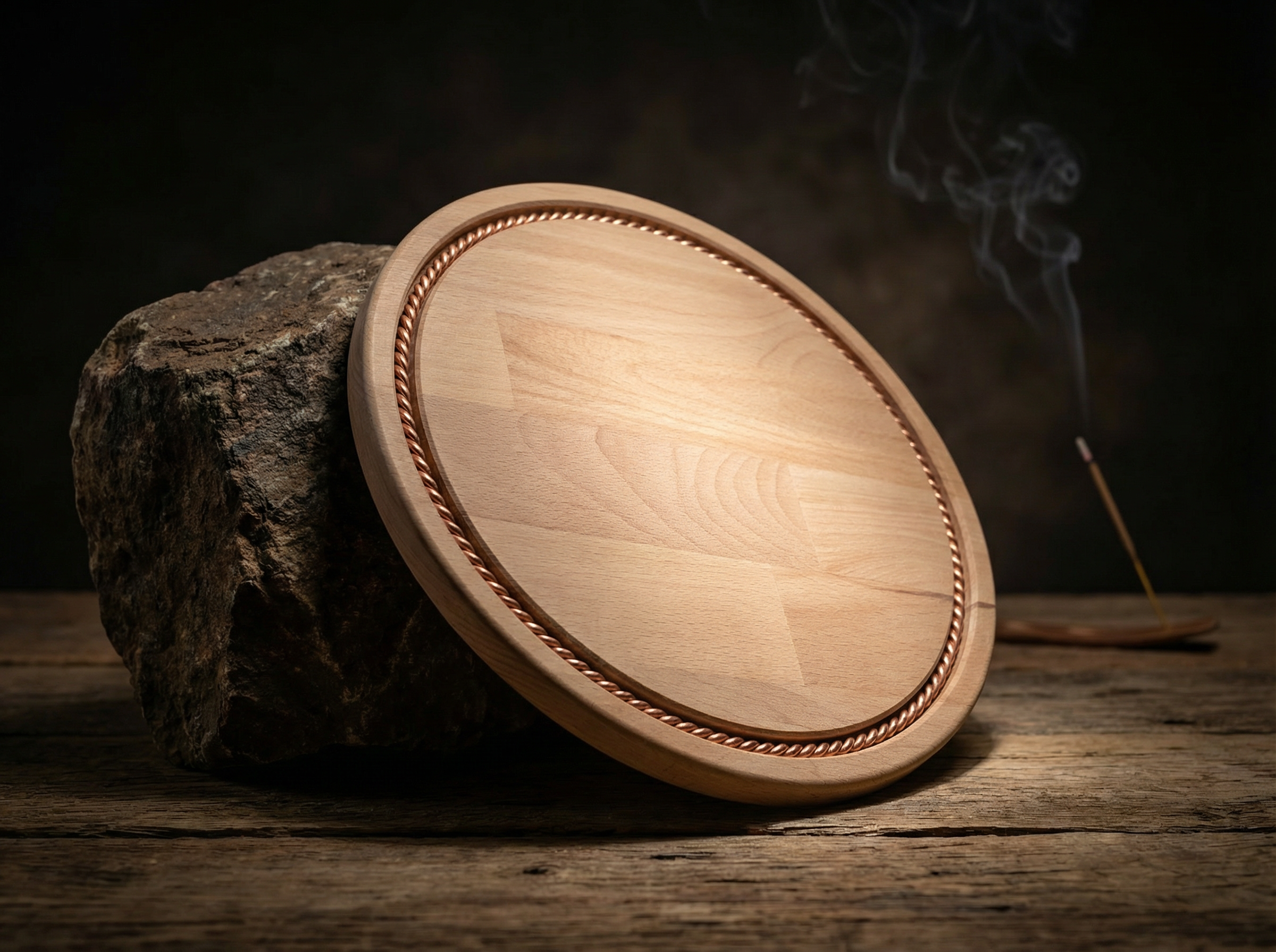 BIGWOOD Tensorblock 1.5 – rundes Holz-Schneidebrett/Servierbrett mit eingelegtem Kupfer-Tensorring