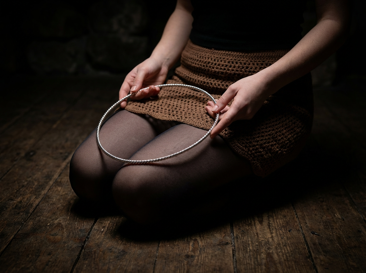 Frau präsentiert versilberten Kupfer Lost Cubit Tensorring Classic (3mm) auf Teppich. Produktfoto